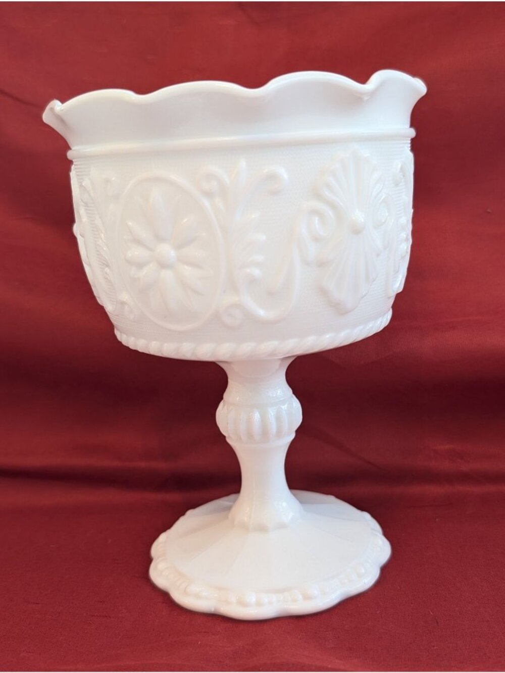 Vintage Indiana White Milk Glass Compote Pedestal Bowl Daisy Medallion Pattern
